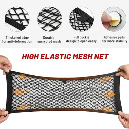 RED WOLF 2 Pcs Universal Cargo Net Pocket Elastic Mesh Netting Car Mesh Pouch for Trunk RV Boats Home Cargo Storage Mesh with Screws and Hooks (25.6'' x 9.8'') - size: 25.6'' x 9.8''