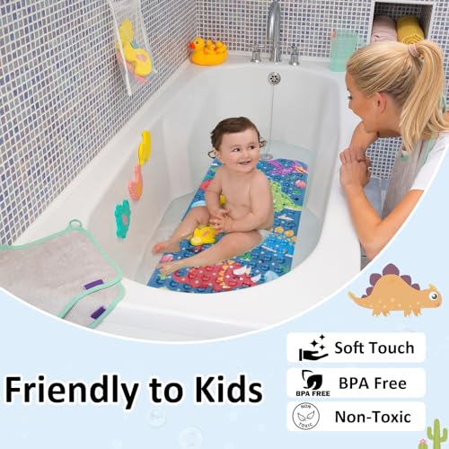 Topotdor Baby Bath Mat, Cartoon Bath Mat for Tub Non Slip Kids, 40x16 Inch Extra Long Toddler Bathtub Mat with Drain Holes & Suction Cups, Machine Washable Anti-Slip Shower Mat, Dinosaur - color: Dinosaur