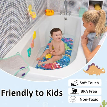 Topotdor Baby Bath Mat, Cartoon Bath Mat for Tub Non Slip Kids, 40x16 Inch Extra Long Toddler Bathtub Mat with Drain Holes & Suction Cups, Machine Washable Anti-Slip Shower Mat, Dinosaur - color: Dinosaur