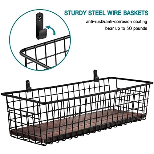 SheeChung 2 Set [Extra Large] Portable Metal Farmhouse Wall Decor Storage Organizer Basket Bin with Handles & Floating Shelves for Hanging in Bathroom, Kitchen, Office-Wall Mount Hooks, Black