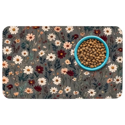 Patterned Cat & Dog Bowl Mat for Food and Water, 12"×20" Quick Dry Absorbent Pet Feeding Mat, Eco-Friendly Dog Placemat - color: Brown-flowers, size: Small (12" x 20")