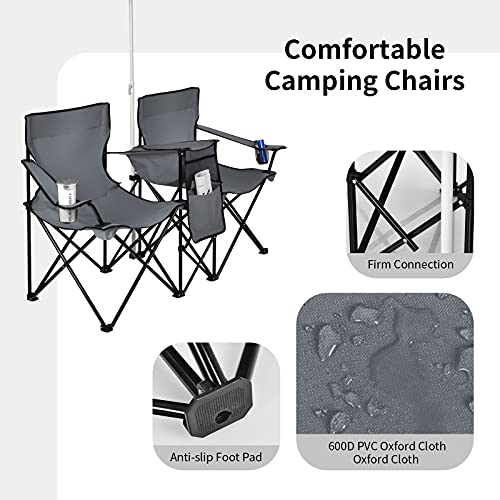 Goplus Double Camping Chair with Umbrella, Folding Loveseat Chairs w/Canopy Shade, Carrying Bag, Table, Cup Holder, Portable Beach Chairs Outdoor Picnic Patio (Grey) - color: Grey