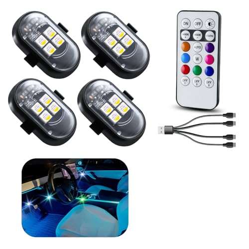 Upgraded 4PCS Wireless LED Lights for car with Remote, Rechargeable Waterproof 8-Color Interior Car Light, Mini LED Strobe Lights for Vehicle Drone Motorcycle Bike - size: 4 PCS