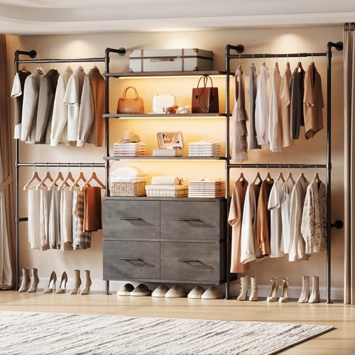 T3 Closet System with Stepless Dimmable LED Light, Industrial Pipe Clothing Rack with 4 Drawers, 6 Wooden Shelves & 4 Telescopic Rods, Heavy Duty Closet Organizers in Wardrobe Closet (Black Gray Oak) - color: Black Gray Oak