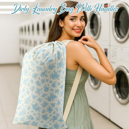 SATINIOR 2 Pcs Floral Laundry Bags 29" x 18" Pink Blue Canvas Travel Laundry Bags with Drawstring Shoulder Straps Washable Dirty Clothes Hamper Organizer for College Dorm Laundromat Apartment Camping - style: Floral