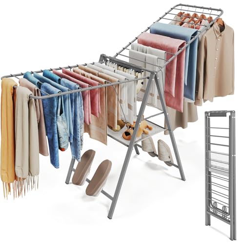 APEXCHASER Clothes Drying Rack Foldable, Metal Laundry Drying Rack Collapsible, Portable Compact Clothes Rack for Sweater Baby Clothes Towel Indoor & Outdoor, Height Adjustable Clothes Airer, Grey - color: Gray