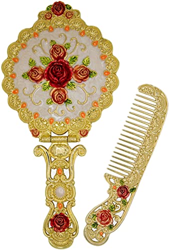 Nerien Vintage Mirror Comb Set Metal Antique Rose Style Handheld Makeup Mirror Travel Round Folding Cosmetic Mirror Women's Vanity Handle Foldable Mirrors Decorative Tabletop Mirrors Gold-1 - color: C - Gold
