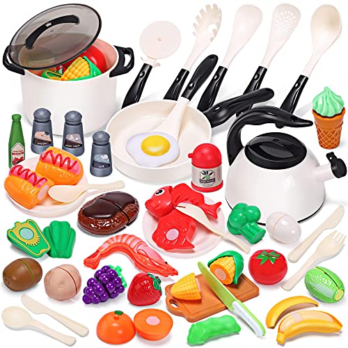 CUTE STONE Play Kitchen Accessories Toy, Play Food Sets for Kids Kitchen, Pretend Kitchen Set for Kids with Play Pots, Pans, Toddler Kitchen Playset Kitchen Toys for Girls Boys - style: White Cooking Set