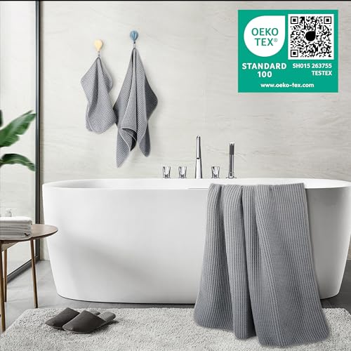 POLYTE 430 GSM Microfiber Quick Dry Lint Free Oversize Bath Towel Set, 6 Piece (Waffle Weave) - color: Gray