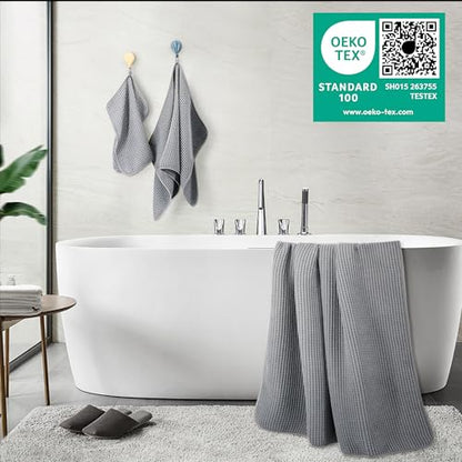 POLYTE 430 GSM Microfiber Quick Dry Lint Free Oversize Bath Towel Set, 6 Piece (Waffle Weave) - color: Gray