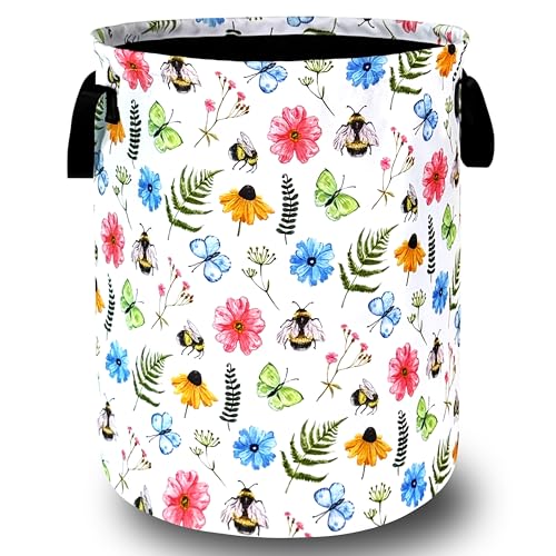 Cute Bee Floral Flowers Laundry Basket Foldable With Handles BeesTote Bag Oxford Cloth Colorful Laundry Hamper Clothes Storage Bucket Toy Organizer 18.9"x16.5" For Bathroom/Laundry/Bedroom - color: Cute Bees With Floral Flowers