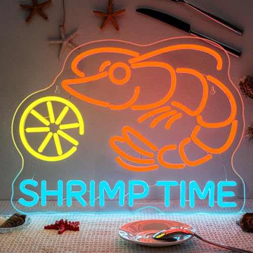Shrimp Time Neon Sign LED Anime Light Up Bar Kitchen Shrimp Neon Signs for Wall Decor Seafood LED Sign Lobster Orange Light Up Bar Decor Restaurant Game Room Art Wall Restaurant Gifts for Beer Lover - color: Shrimp Times