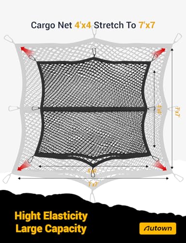AUTOWN Cargo Net for Pickup Truck Bed - Stretchable 4'x4' to 7'x7', High Elastic Fine Mesh 1''x1'' with 8 Metal Carabiners - Ideal for ATV, SUV, UTV, Truck and Boat Use (Double Layer) - size: Double layer