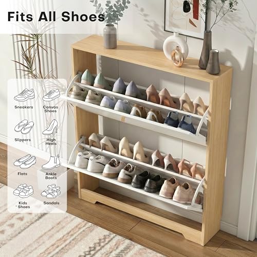 Nicetree Shoe Cabinet with 2 Flip Drawers, Narrow Shoe Organizer Cabinet, Freestanding Shoe Rack Cabinet, Modern Shoe Storage Cabinet for Entryway, Hallway, Foyer, Natural Oak and White with Hook - color: Natural Oak and White, style: 2-Drawers with Hook