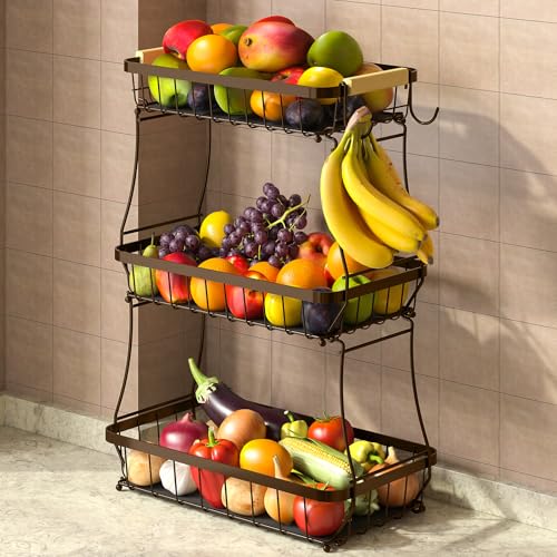 Sevenblue 2 Tier Large Fruit Basket for Kitchen Counter with 2 Mobile Banana Hangers, 2026 Pro Detachable Metal Fruit Bowl with Wooden Handle (Brown, 3 Tier) - color: Brown, size: 3 Tier Standard