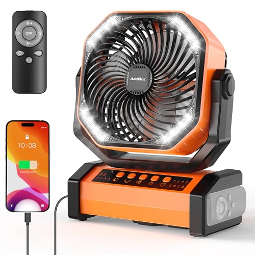 AddAcc 20000mAh Rechargeable Camping Fan - Battery Operated Fan with Light & Remote, Auto Oscillating, 4 Timer, 60 Hrs Work Cordless Tent Fan for Travel Outdoor RV Garage Power Outage Emergency - color: D12-Orange