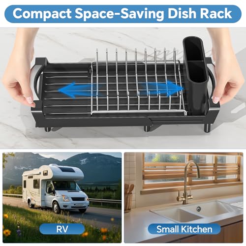 Simple Trending Small Dish Drying Rack, Compact Expandable Dish Rack with Cutlery Holder, Sink Dish Drainer for Kitchen Countertop, Black