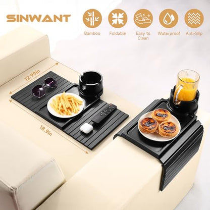 SINWANT Couch Cup Holder Tray,Foldable Sofa Arm Clip on Tray Table with 360° Rotation Cup Holder,Bamboo Anti-Slip Couch Armrest Table for Coffee Cup,Water Bottles,Mug,Snacks,Remote on Large Armrest - color: Black