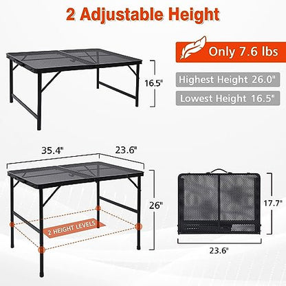 JOUYEK Folding Grill Table, 3x2 FT Portable Camping Table, Height Adjustable Metal Tables with Mesh Desktop and Mesh Bag, Outdoor Furniture for Camping, Picnic, Beach and BBQ, Black - style: 3x2 FT