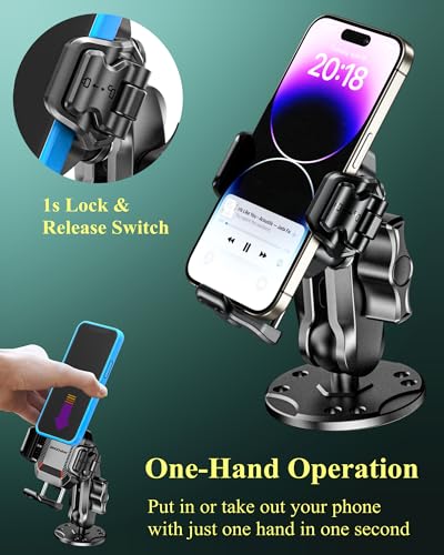 BRCOVAN Anti-Theft Phone Mount Holder with Vibration Dampener, 1s Locking | Don't Block Camera, with Aluminum Round Base & Medium Arm, for Car Boat Truck Motorcycle UTV, Fit 5.4-7.2'' Smartphones