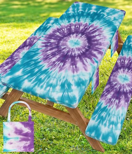Picnic Table Cover with Bench Covers Waterproof Elastic Rectangle Tablecloth Camping Essentials Supplies Rv Car Travel Must Haves Gear Accessories Fitted Table Cloth Outdoor Road Trip Camper Gifts 8ft - color: Blue purple tie-dye, size: 96in