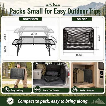 2.5 FT Picnic Table with 2 Wing Panels, Mesh Metal Folding Grill Table Height Adjustable & Lightweight & Portable Table for Outdoor Indoor Camping, Picnic, Beach and BBQ, RV - size: Extended Size