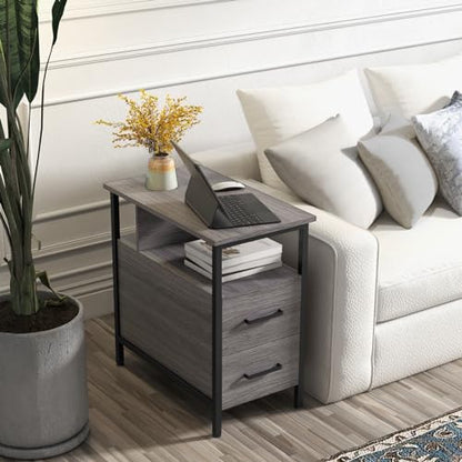 Livofloral Side Table, End Tables with Charging Station, Narrow End Table with Wooden Drawers, USB Ports and Power Outlets, Nightstand and Bedside Table, End Table Living Room, Bedroom, Dark Grey - color: Dark Gray