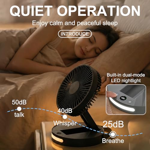 Qoqooice Portable Fan, 3600 mAh Rechargeable Battery Operated Fan with 5 Speeds, USB Powered, Quiet Personal Desk Fan for Office Home, Outdoor, Camping, Travel (Black)