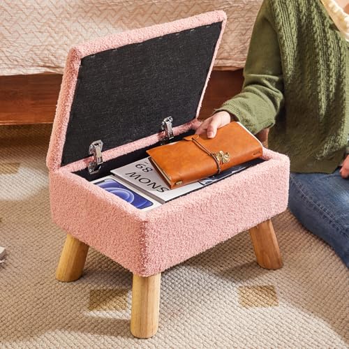 YMYNY Storage Ottoman,Small Foot Stool, 15.75"×11.81"×11.02" Pink,HBD042P | Teddy Velvet ,Sturdy Wood Legs, Foot Stool with Padded Seat, For Living Room Bedroom Couch Entryway - color: Pink
