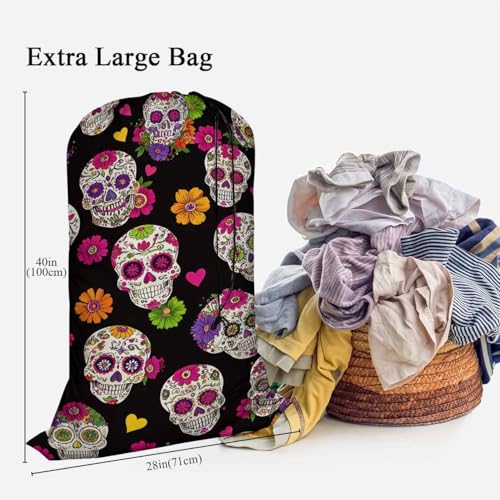 Swono Sugar Skull Drawstring Closure Dirty Clothes Bag Organizer, Heavy Duty Large Laundry Bag, Day Of The Dead Mexican Skeleton Floral Rip-Stop Bags for Camp Travel, Machine Washable, Spooky - color: Sugar Skull