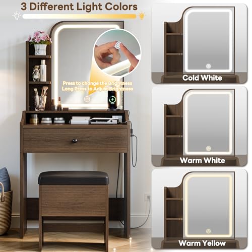 LIKIMIO Small Makeup Vanity Desk with Mirror and Lights, Vanity Table Set with Storage Drawer, Chair and Three Shelves, Bedroom, Walnut - color: Walnut
