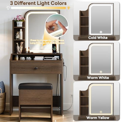 LIKIMIO Small Makeup Vanity Desk with Mirror and Lights, Vanity Table Set with Storage Drawer, Chair and Three Shelves, Bedroom, Walnut - color: Walnut