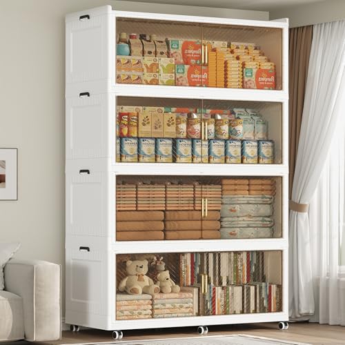 800QT Storage Bins with Lid Extra Large Stackable Closet Organizer Plastic Container Box, 200Gal 3-Tier Collapsible Cabinet with Wheels and Doors for Living Room Kitchen Office Dorm, White - color: White Brown, size: 200QT-4Pack