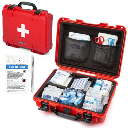 NANUK 910 Waterproof First Aid Kit 146pcs – Durable, Pre-Stocked First Aid Emergency Kit with Bandages, Tick Removal Tool, and More – Dustproof, Impact-Resistant, Floats (14.3" x 11.1" x 4.7") – Red - size: 910 First Aid Kit – 145 Pcs