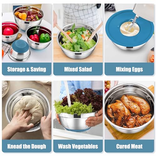 E-far Stainless Steel Mixing Bowls with Lids Set, 5-Piece Nesting Salad Bowls with 3 Grater Attachments and Non-Slip Bottoms, Size 4.6, 2.6, 2, 1.5, 1QT for Kitchen (Blue) - color: Blue, size: 5 Regular Sizes