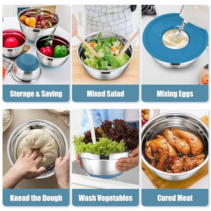 E-far Stainless Steel Mixing Bowls with Lids Set, 5-Piece Nesting Salad Bowls with 3 Grater Attachments and Non-Slip Bottoms, Size 4.6, 2.6, 2, 1.5, 1QT for Kitchen (Blue) - color: Blue, size: 5 Regular Sizes