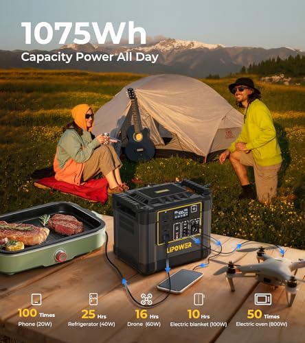 Lipower 1200W Portable Power Station, 1075Wh Solar Powered Generator AC Outlets(2000W Peak) with PD USB Ports, Electric Generator for Camping, Power Supply, Home Use, Emergency, Road Trip - size: 1075Wh(1200W)