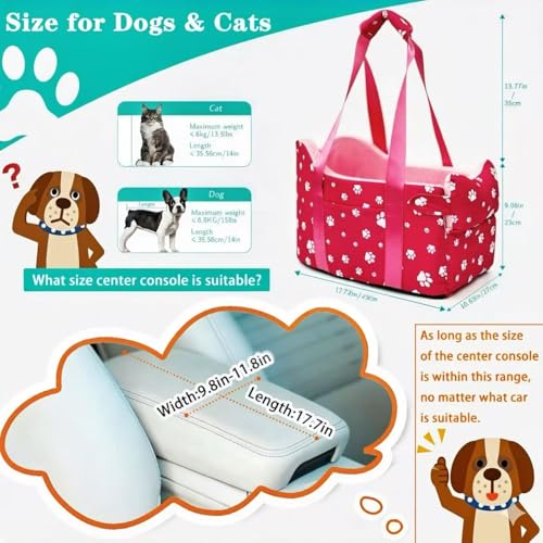 Center Console Dog Car Seat for Small Dogs Under 15 lbs - Detachable Washable Carrier with Safety Belt & Storage Pockets, Pink - color: Rose Red