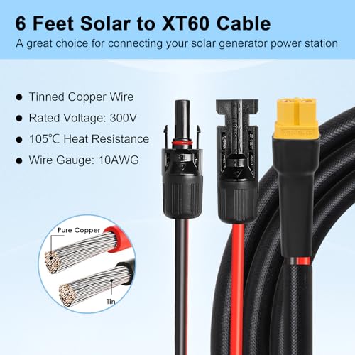 MOOKEERF Solar to XT60 Cable 10AWG 6FT Solar Connector to XT60 Adapter Cable for Solar Panel to Battery RV Portable Power Station Solar Generator - 6 Foot - size: 6FT