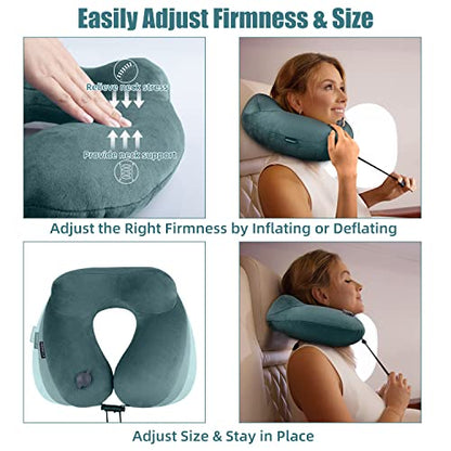 Compact Travel Neck Pillow for Airplanes, Super Soft Velvet Neck Support, Adjustable Firmness, Inflatable Plane Pillow for Long Flights, Road Trips, Travel Essentials with Eye Mask, Earplug - color: Dark Green