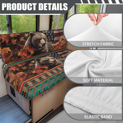 RV Dinette Cushion Covers Stretch Camper Cushion Cover Booth Seats, Aztec Bear Maple Leaf Print Washable Sofa Furniture Protector Replacement Slipcovers for Travel Trailer Couch - color: Aztec Bear Maple Leaf