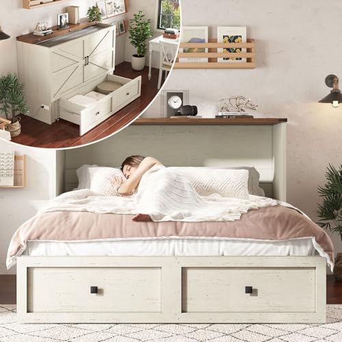 AMERLIFE Queen Murphy Bed with Storage & Charging Station, Farmhouse Murphy Cabinet with Foldable Panel, Noisy Free, for Guest Bedroom, Living Room, Office, Distressed White - color: Distressed White, size: Queen