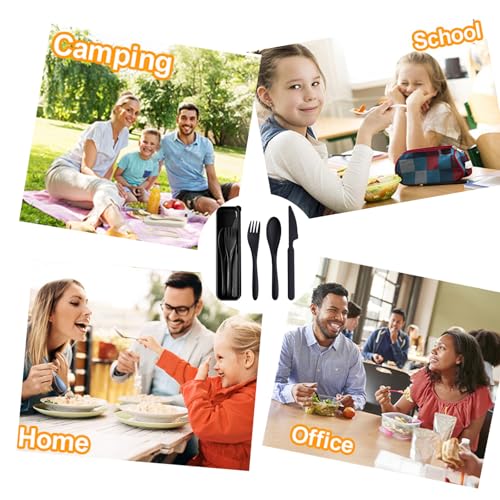 Travel Utensils with Case, Camping Utensil Sets, Wheat Straw Portable Knife Fork Spoons Tableware, Reusable Utensils for Lunch Box (Black) - color: Black