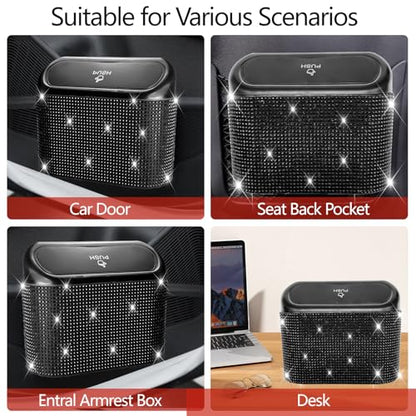NBTEPEM Bling Car Trash Can with Lid - 2 Pack, Mini Auto Garbage Can with 60 Trash Bags, Automotive Garbage Container Bin, Bling Car Accessories Trash Can for Women (Black Diamond) - color: Black Diamond