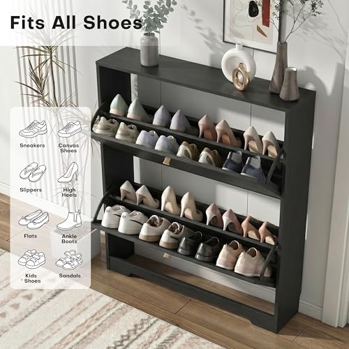 Nicetree Shoe Cabinet with 2 Flip Drawers, Narrow Shoe Organizer Cabinet, Freestanding Shoe Rack Cabinet, Modern Shoe Storage Cabinet for Entryway, Hallway, Foyer, Black with Hook - color: Black, style: 2-Drawers with Hook