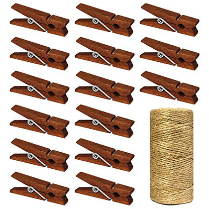 Mini Natural Wooden Clothespins with Jute Twine, 100pcs, 1.4 Inch Photo Paper Peg Pin Craft Clips with 320ft Natural Twine for Scrapbooking, Arts & Crafts, Hanging Photos (Rustic Brown) - color: Rustic Brown