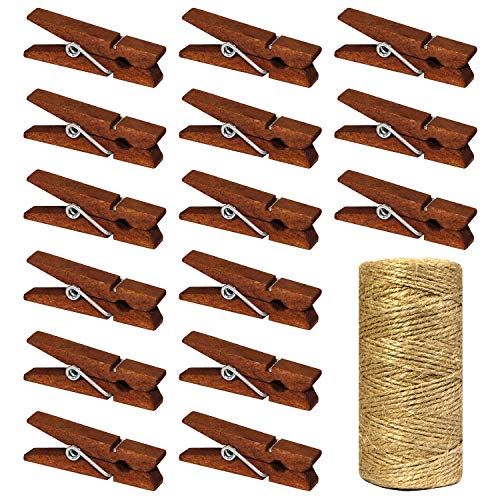 Mini Natural Wooden Clothespins with Jute Twine, 100pcs, 1.4 Inch Photo Paper Peg Pin Craft Clips with 320ft Natural Twine for Scrapbooking, Arts & Crafts, Hanging Photos (Rustic Brown) - color: Rustic Brown