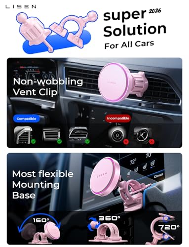 LISEN 15W MagSafe Car Mount Charger,[Light Pink] Magnetic Wireless Car Charger, Dashboard & Air Vent Car Phone Mounts, Car Phone Holder for iPhone 17-12, Samsung, Pixel, Cute Car Accessories for Women | [Light Pink & Purple LED light] Magsafe Car Mount Ch