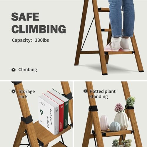 4 Step Ladder,Lightweight Folding Step Stool with Aluminum Wide Pedal& Convenient Handgrip,330lbs Capacity Steel Ladder for Household and Office(Woodgrain) - color: Woodgrain, size: 4 Step