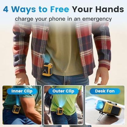 10000mAh Portable Waist Fan - Clip on Wearable Belt Personal Fan Rechargeable Battery operated With 4 Speeds & Flashlight Neck Hands-Free 20H Cooling For Outdoor, Hiking,Jobsite, Farms - color: Yellow-2